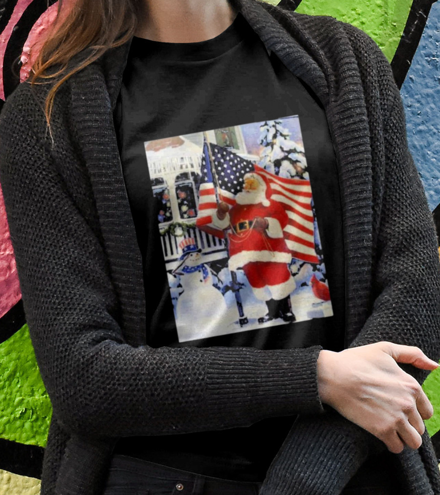 Santa Claus And Snowman With American Flag In Winter Scene T-Shirt