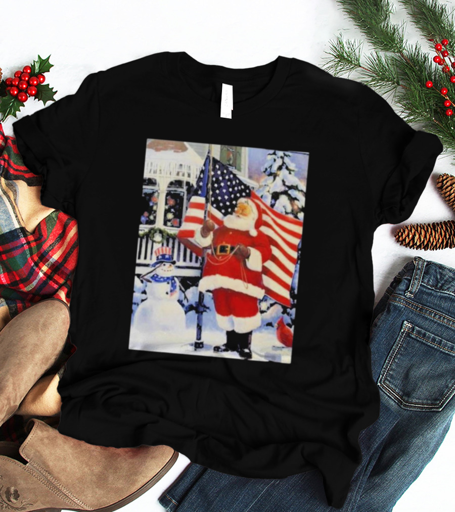 Santa Claus And Snowman With American Flag In Winter Scene T-Shirt