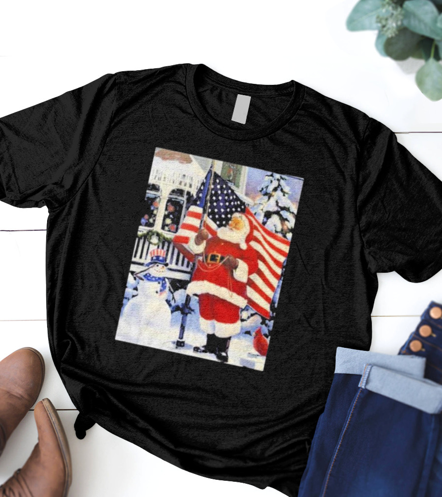 Santa Claus And Snowman With American Flag In Winter Scene T-Shirt
