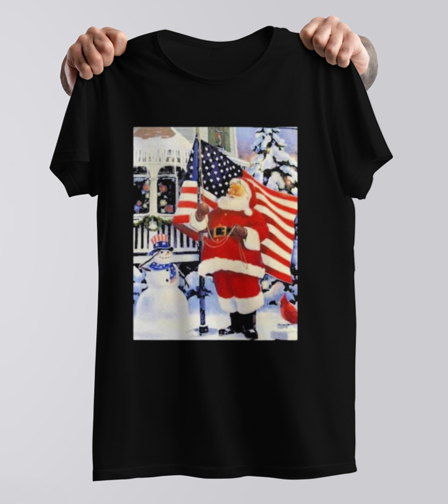 Santa Claus And Snowman With American Flag In Winter Scene T-Shirt
