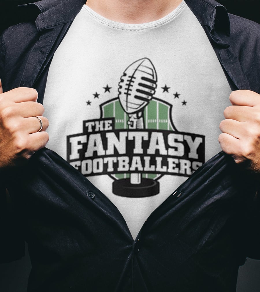 The Fantasy Footballers Podcast Microphone Logo In Green And Black With Stars T-Shirt