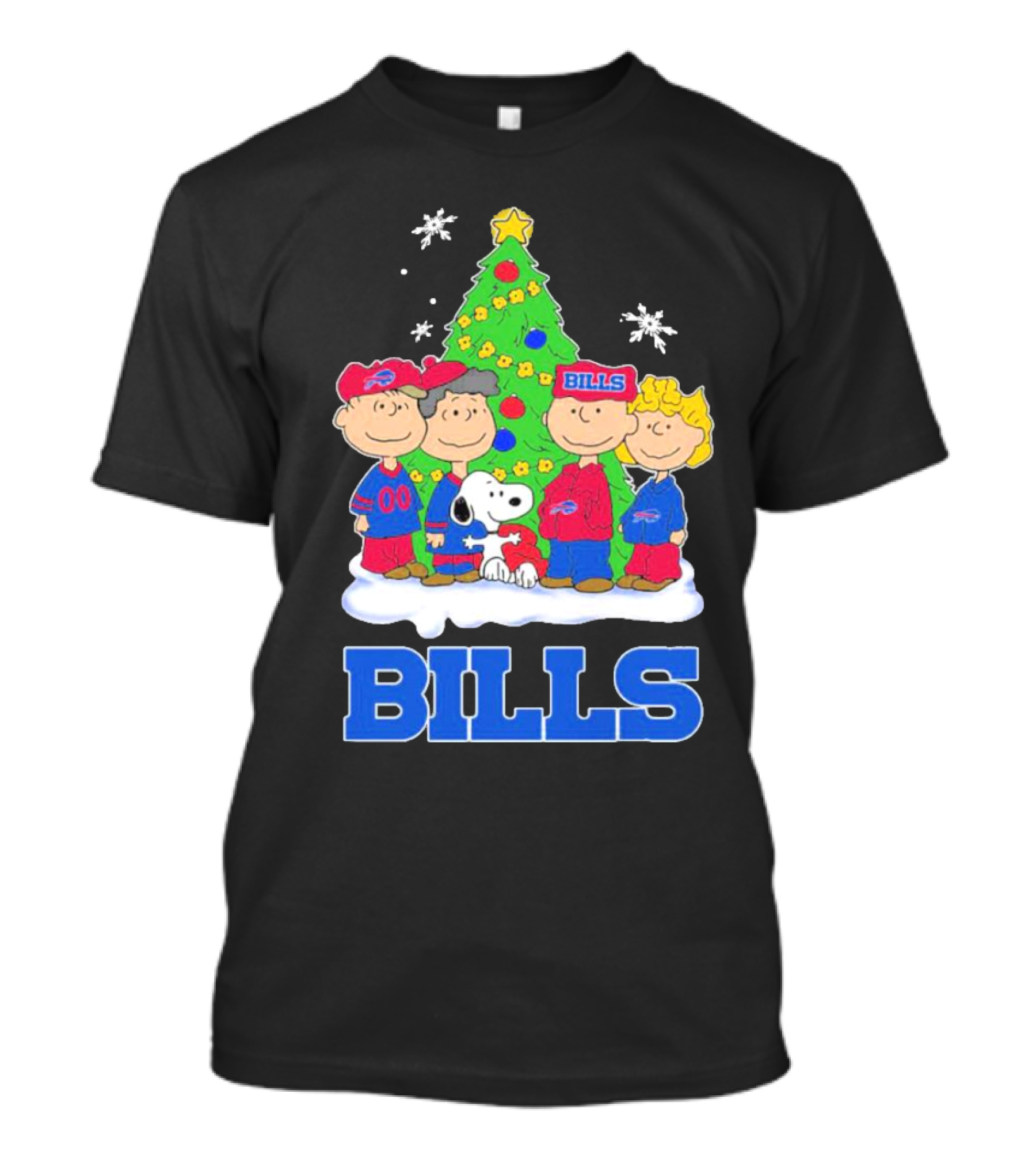 Peanuts Characters With Buffalo Bills Christmas Tree And Snowflakes T-Shirt