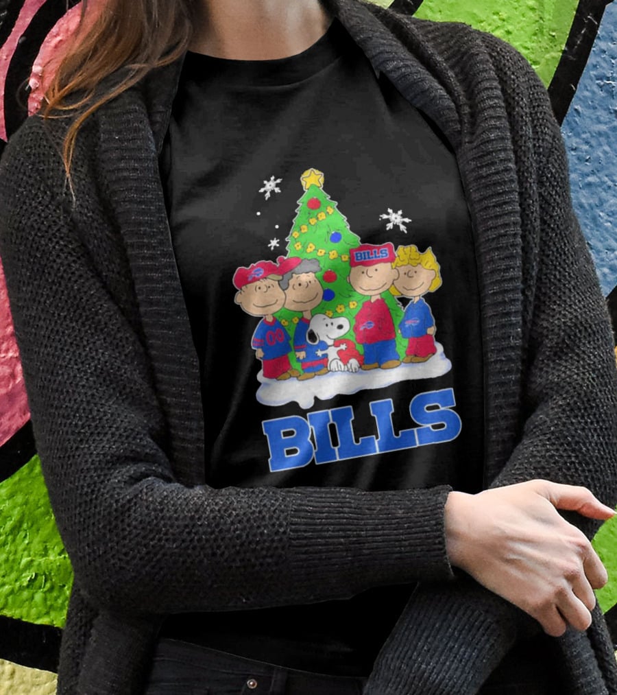Peanuts Characters With Buffalo Bills Christmas Tree And Snowflakes T-Shirt