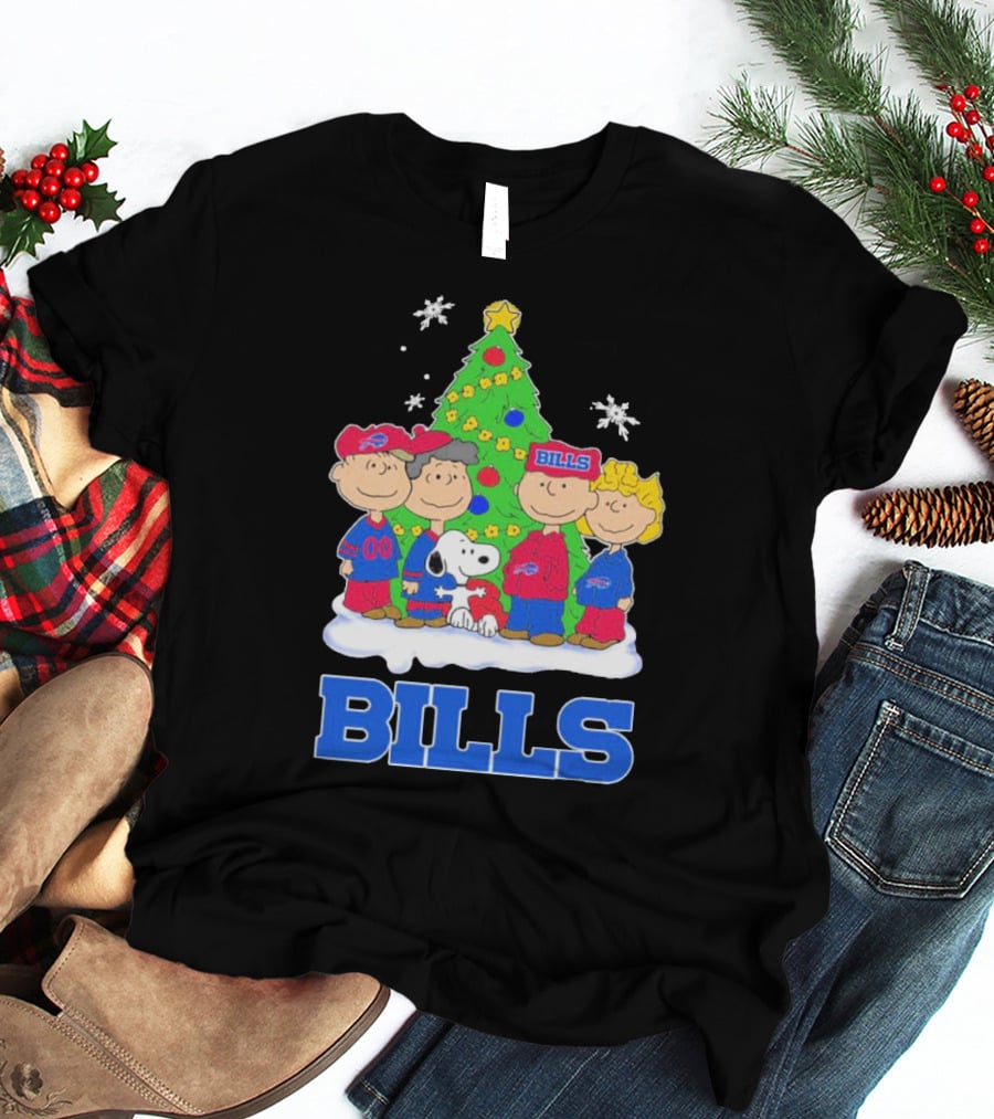 Peanuts Characters With Buffalo Bills Christmas Tree And Snowflakes T-Shirt