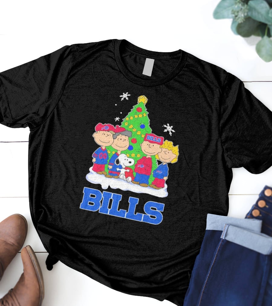 Peanuts Characters With Buffalo Bills Christmas Tree And Snowflakes T-Shirt