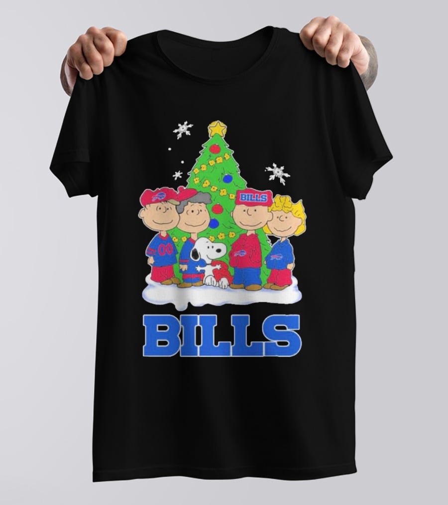 Peanuts Characters With Buffalo Bills Christmas Tree And Snowflakes T-Shirt