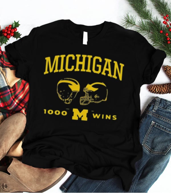 Michigan Wolverines Football 1000 Wins Celebration Dual Helmet T-Shirt