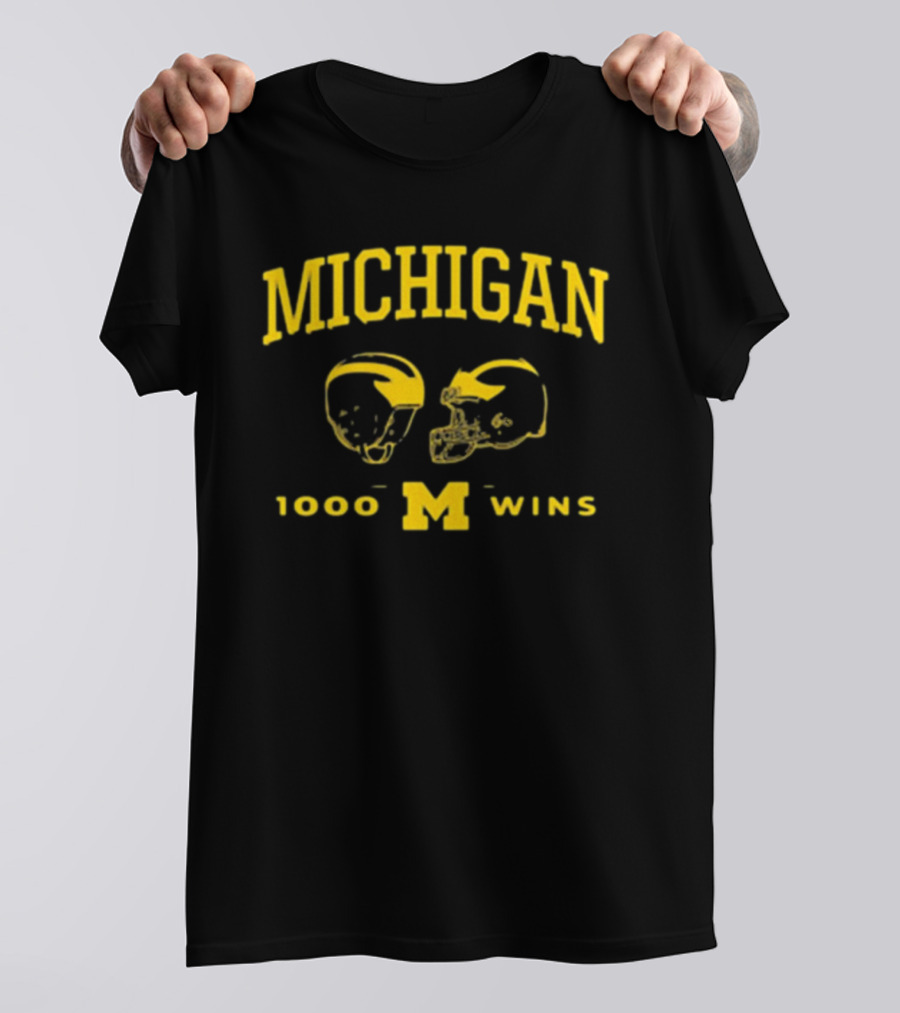 Michigan Wolverines Football 1000 Wins Celebration Dual Helmet T-Shirt