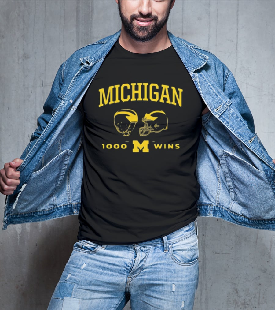 Michigan Wolverines Football 1000 Wins Celebration Dual Helmet T-Shirt