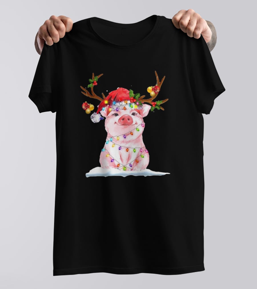 Pig Reindeer Antlers Santa Hat Christmas Lights T-Shirt