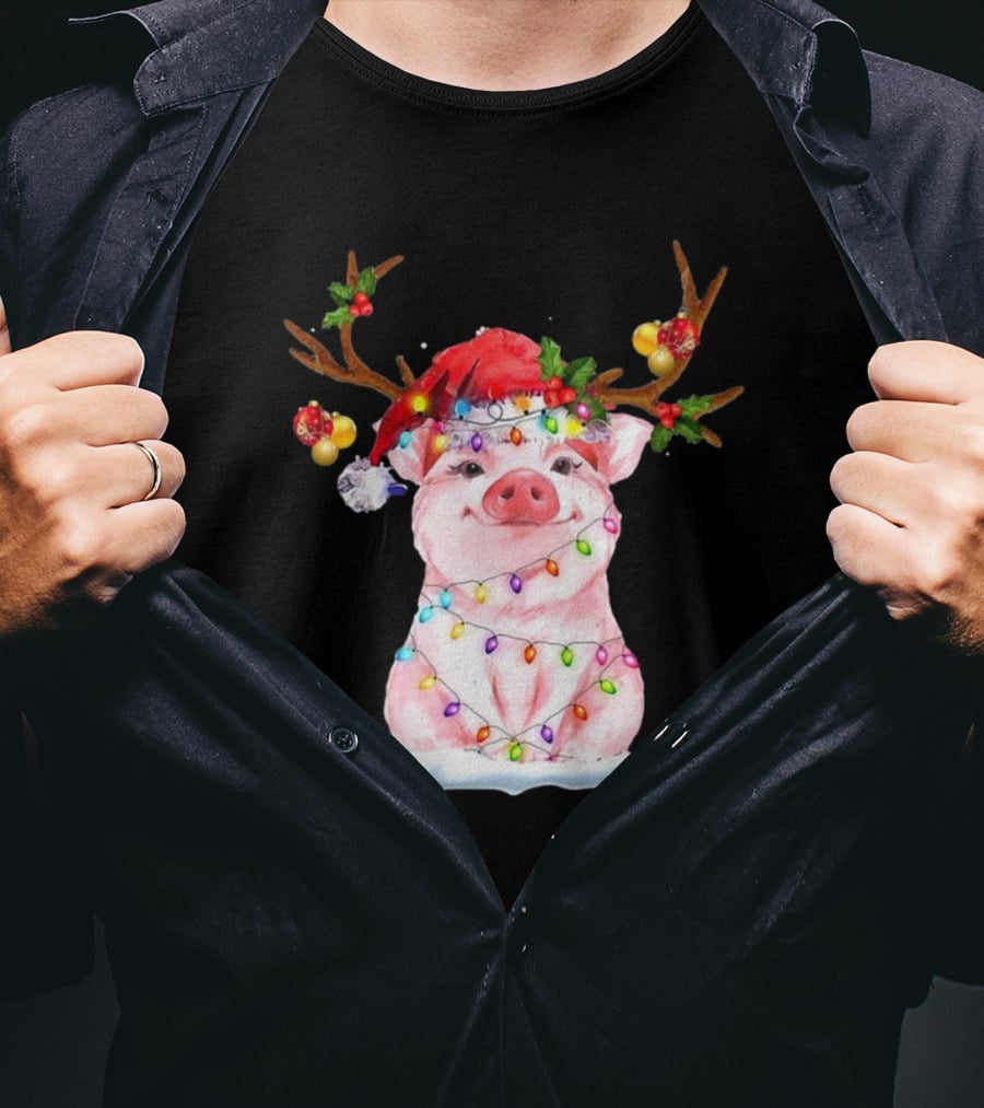 Pig Reindeer Antlers Santa Hat Christmas Lights T-Shirt