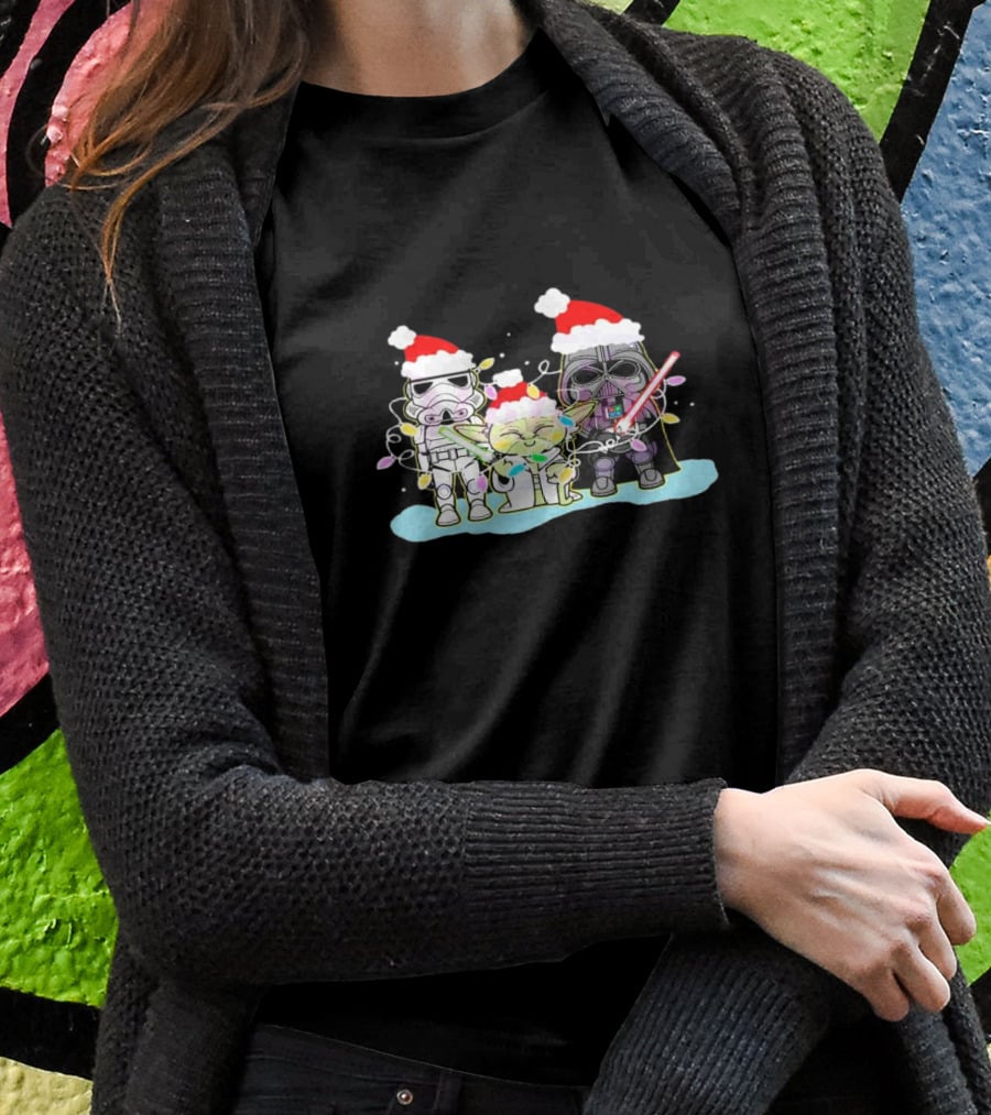 Star Wars Characters Santa Hat Christmas Lights Funny Vibes T-Shirt