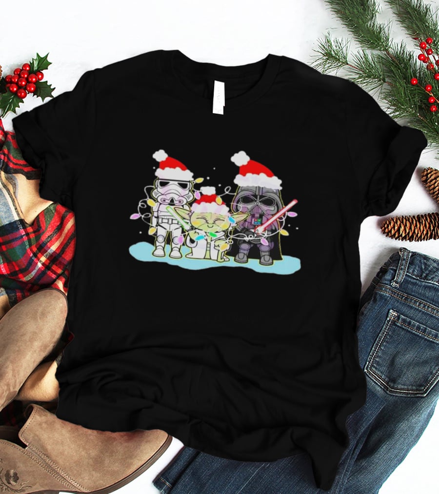 Star Wars Characters Santa Hat Christmas Lights Funny Vibes T-Shirt