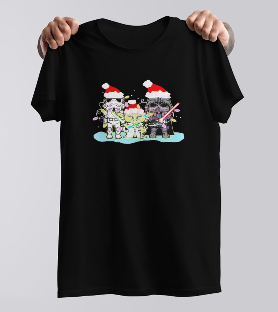 Star Wars Characters Santa Hat Christmas Lights Funny Vibes T-Shirt