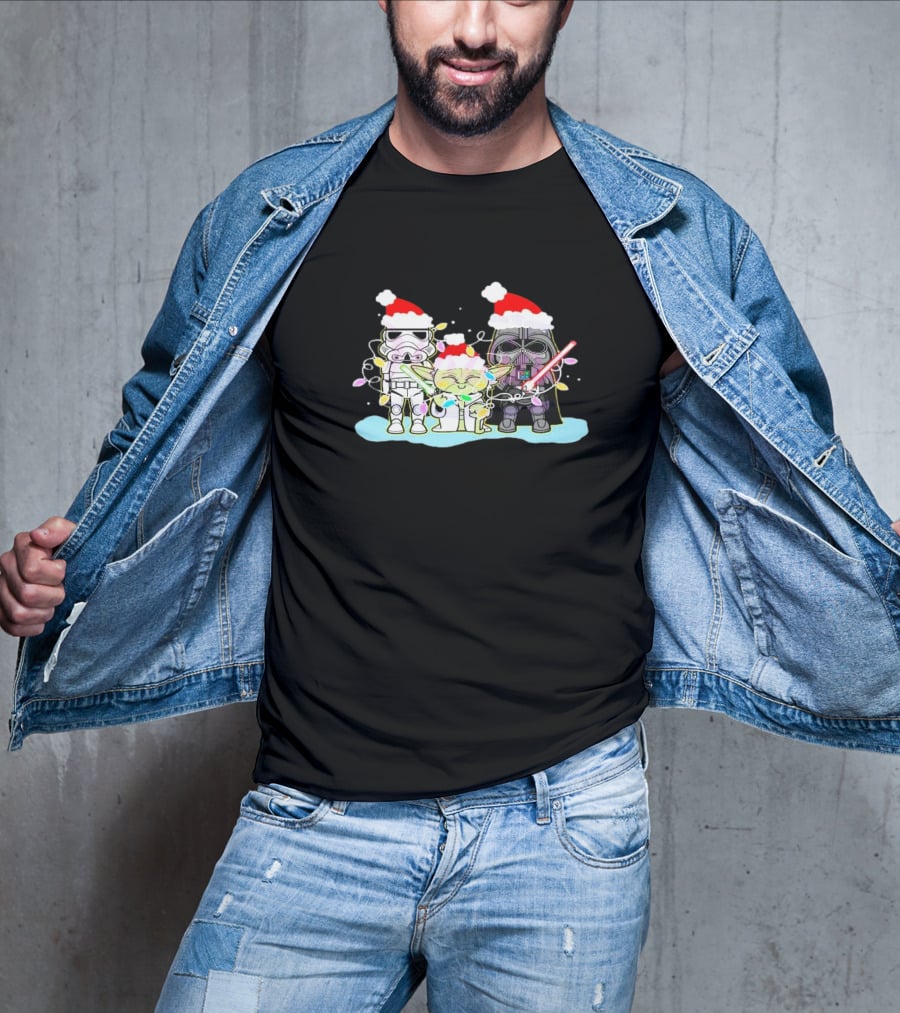 Star Wars Characters Santa Hat Christmas Lights Funny Vibes T-Shirt