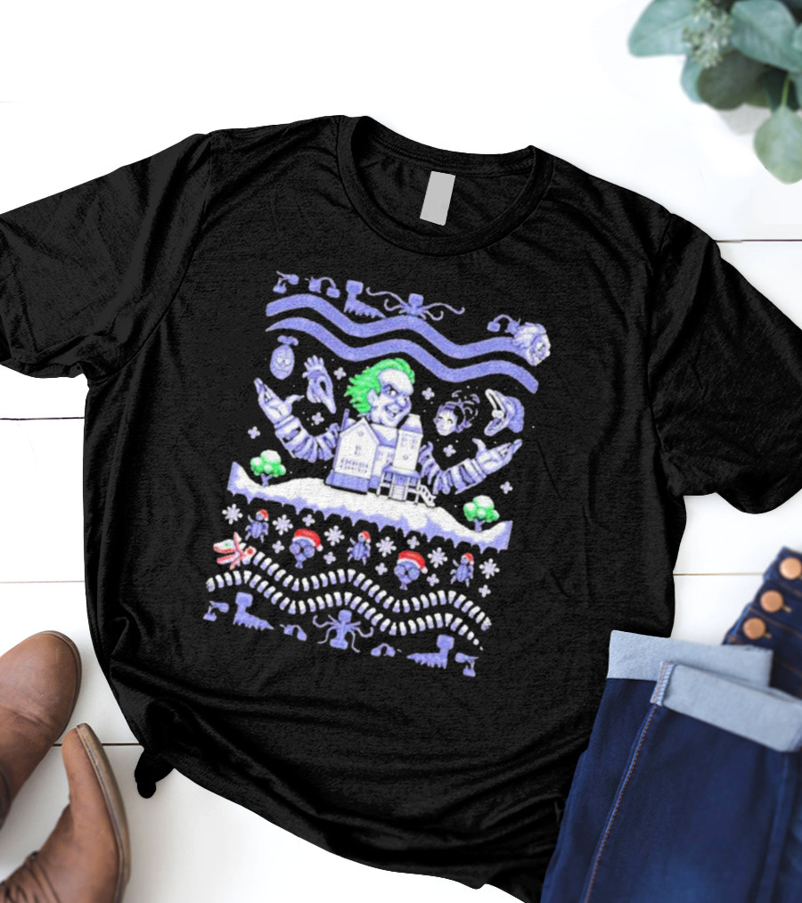 Christmas Beetlejuice Snowy House Scene And Ghostly Icons T-Shirt