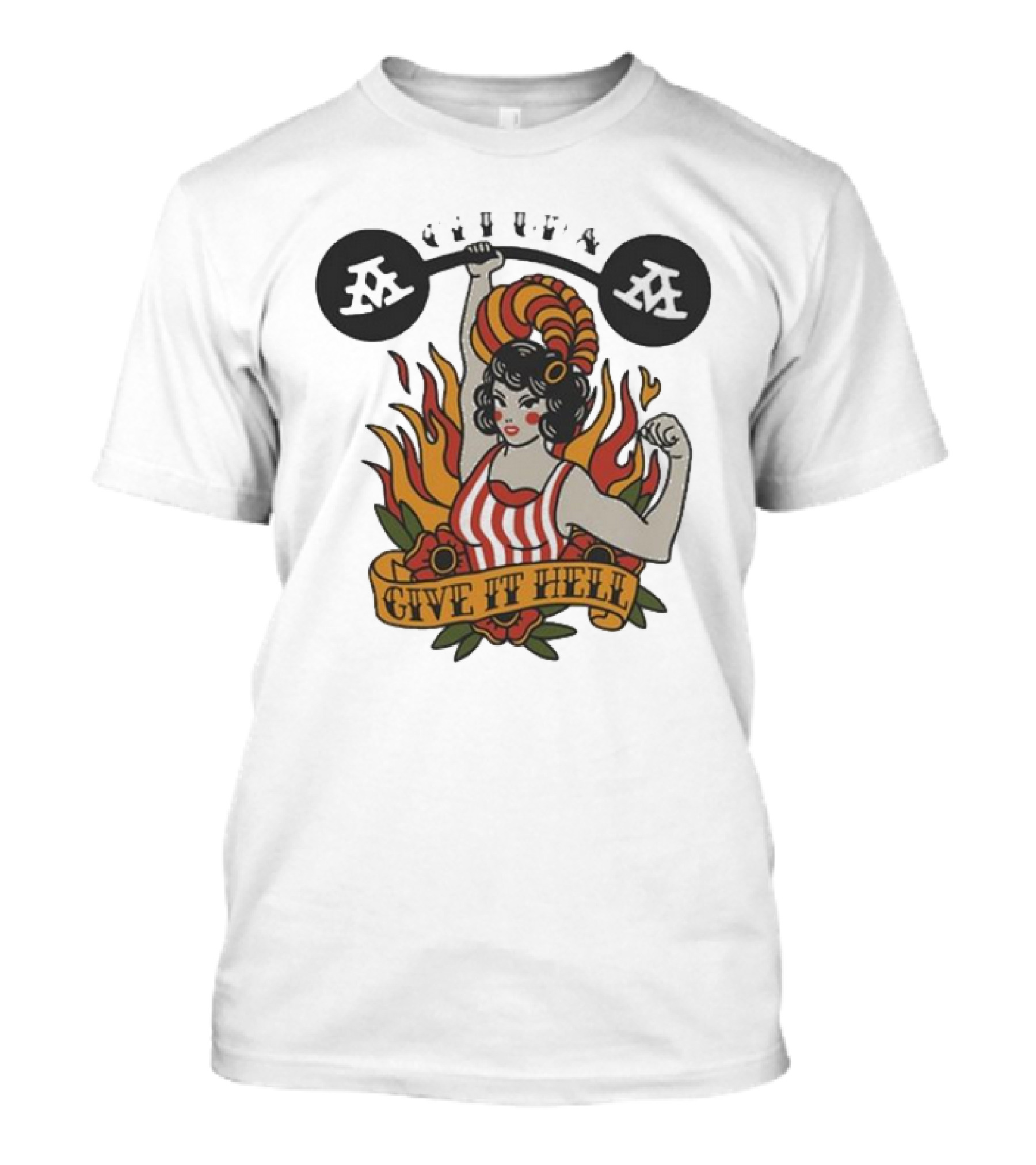 Get Up Give It Hell Retro Strongwoman Flames Barber Pole Haircurl Stripes Roses Boxing Gym Vintage T-Shirt