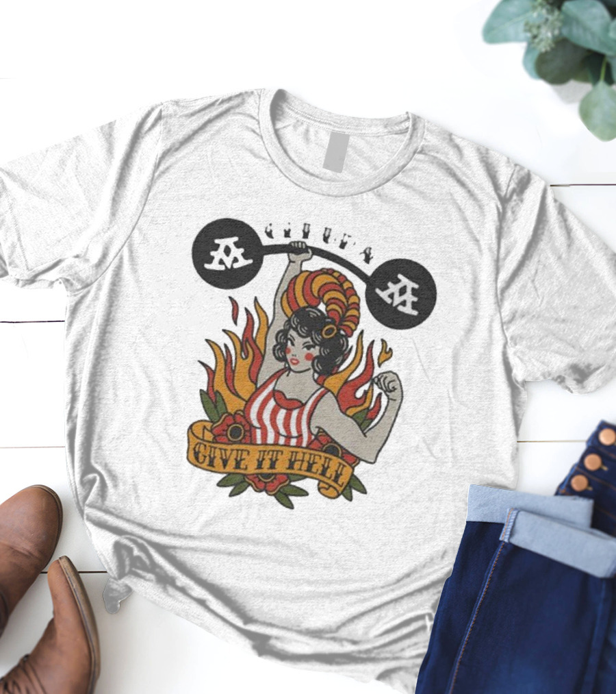 Get Up Give It Hell Retro Strongwoman Flames Barber Pole Haircurl Stripes Roses Boxing Gym Vintage T-Shirt