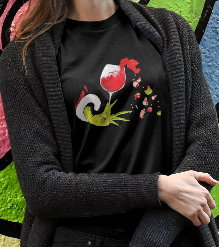 Grinch Hand Christmas Wine Glass Festive Holiday T-Shirt