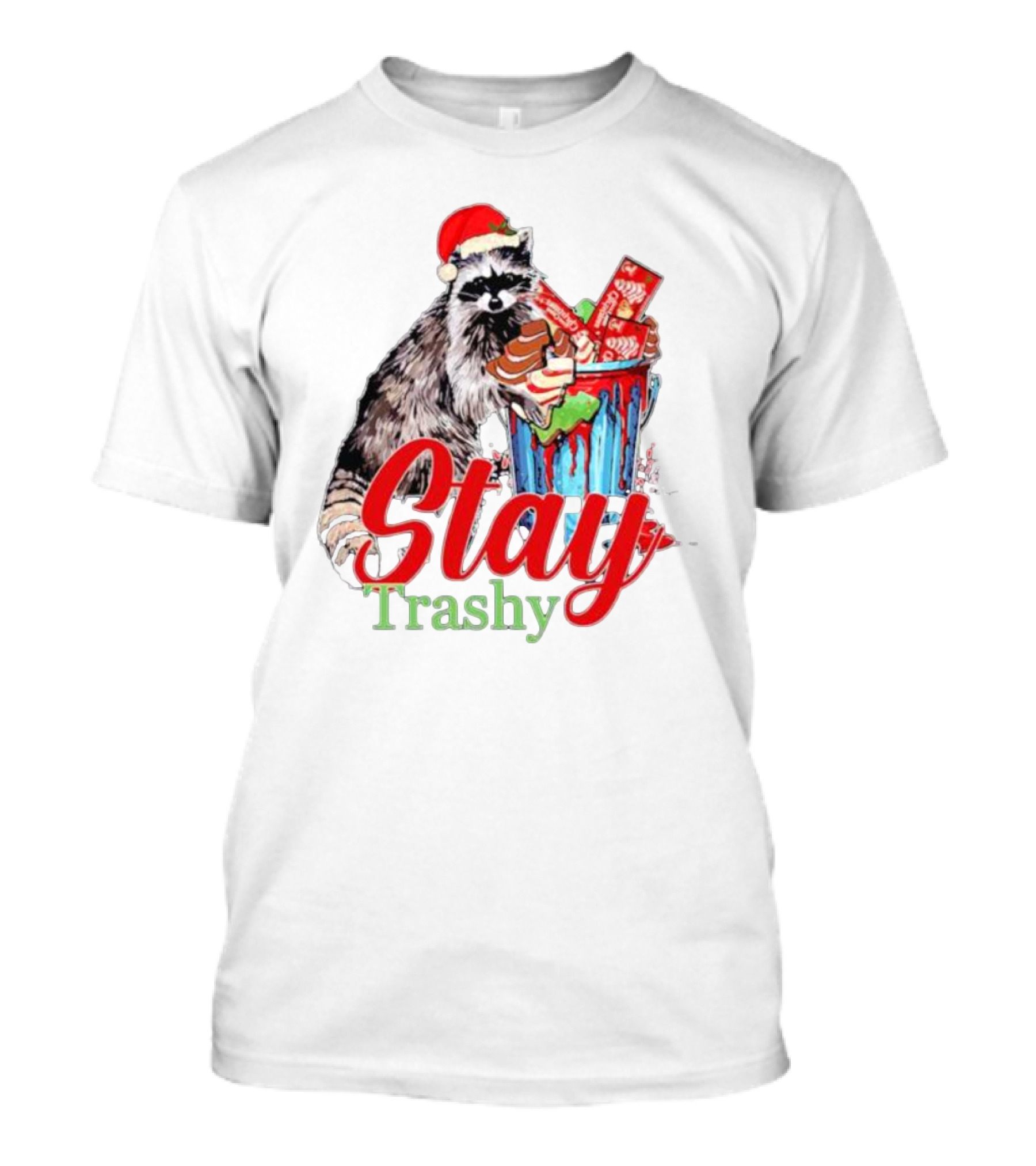 Stay Trashy Christmas Raccoon Xmas Lover With Santa Hat T-Shirt