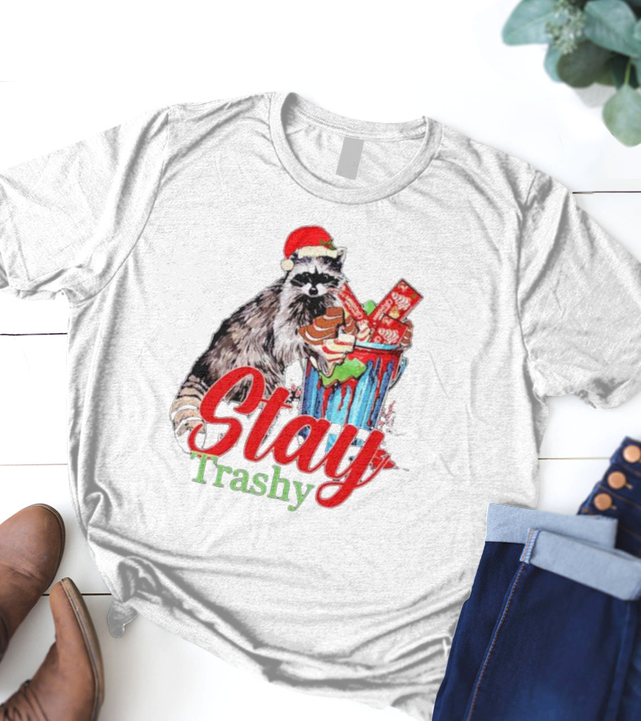 Stay Trashy Christmas Raccoon Xmas Lover With Santa Hat T-Shirt