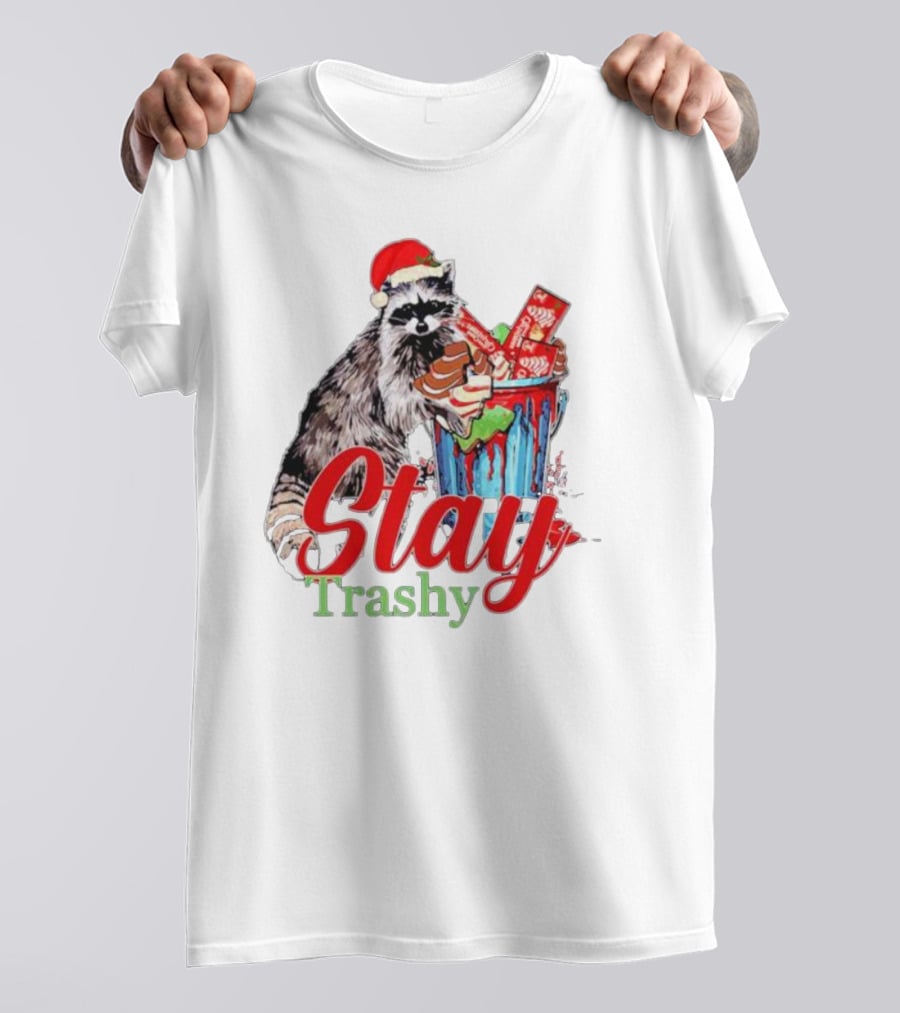 Stay Trashy Christmas Raccoon Xmas Lover With Santa Hat T-Shirt