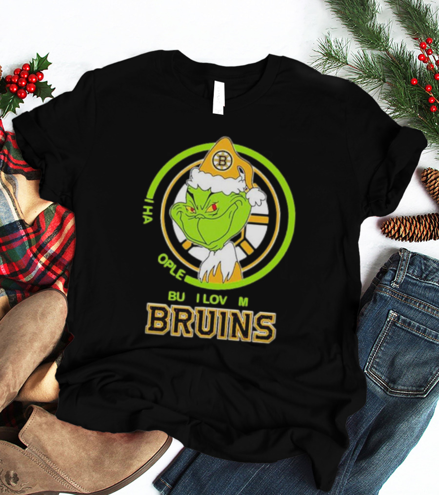 The Grinch Santa Boston Bruins I Hate People But Love My Hockey Team T-Shirt