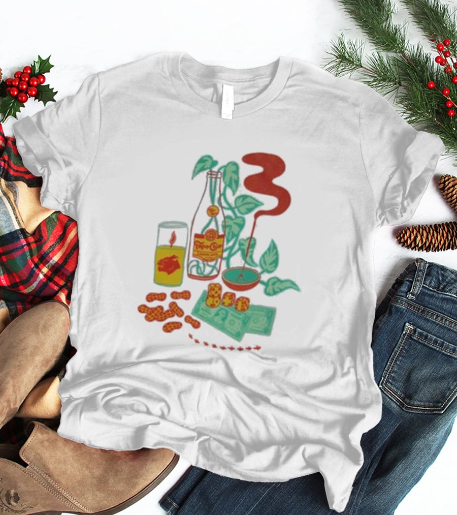 Quarenscene Natural Topo Chico Bottle With Dice, Peanuts, Dollar Bills, Glass, And Smoking Pipe Scene T-Shirt