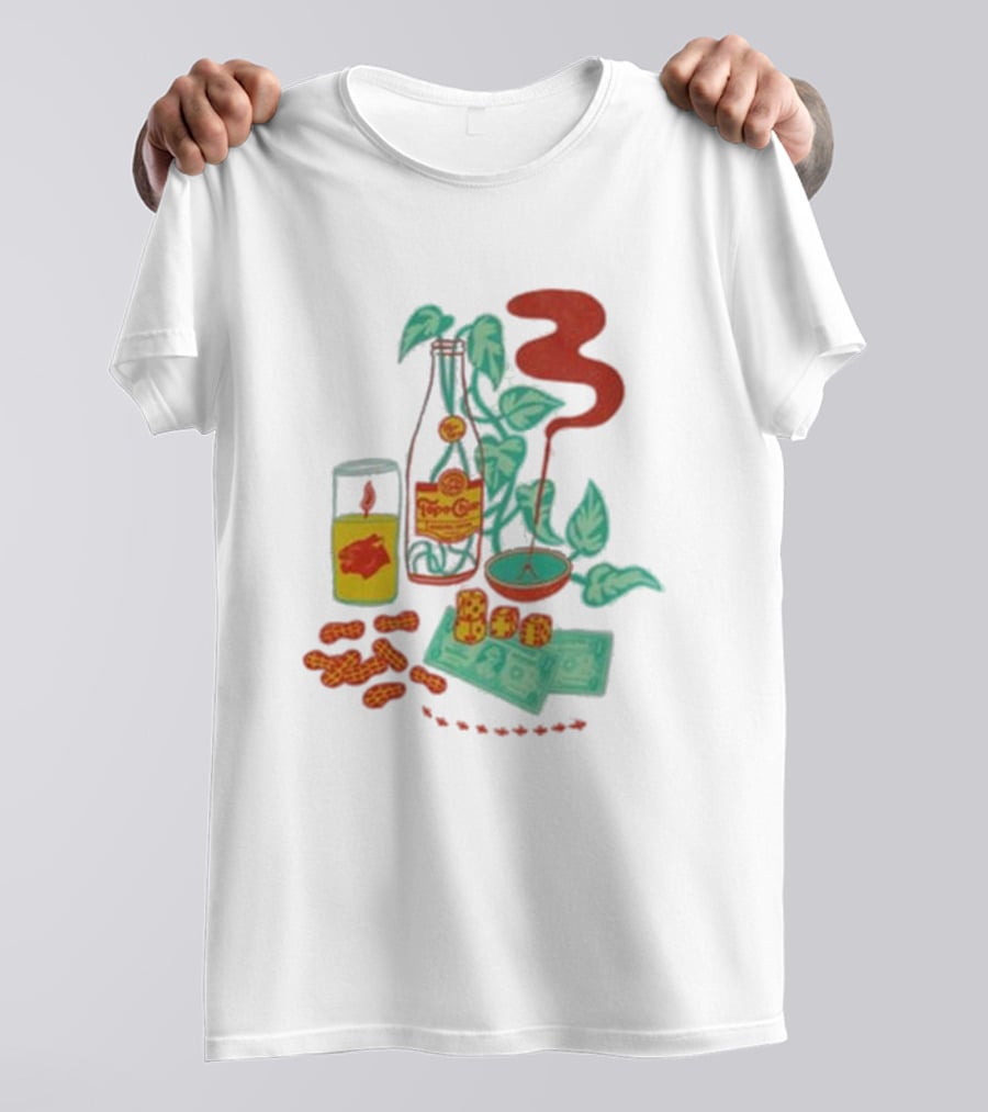 Quarenscene Natural Topo Chico Bottle With Dice, Peanuts, Dollar Bills, Glass, And Smoking Pipe Scene T-Shirt
