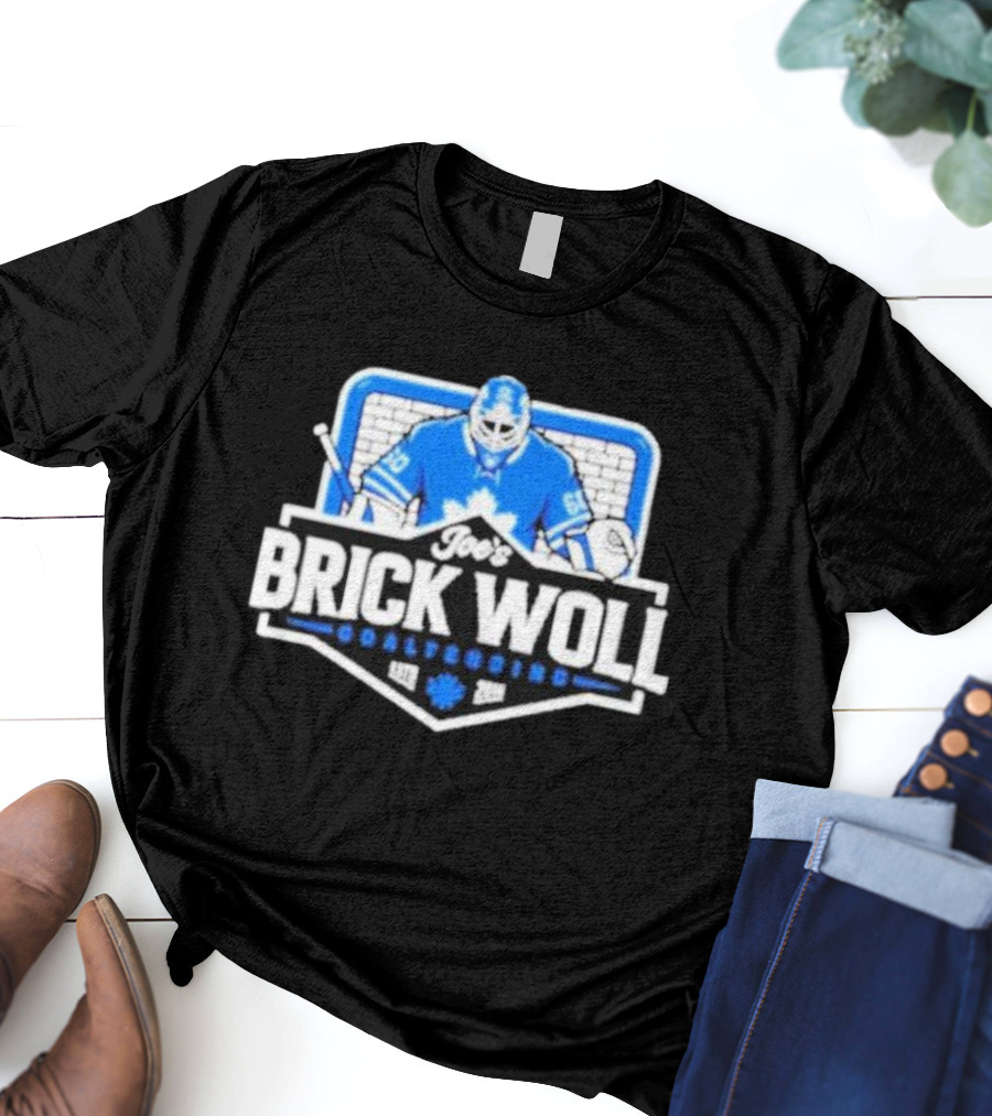 Joe's Brick Woll Goaltending Hockey Maple Leafs 60 Blue Goalie Blocking Net T-Shirt