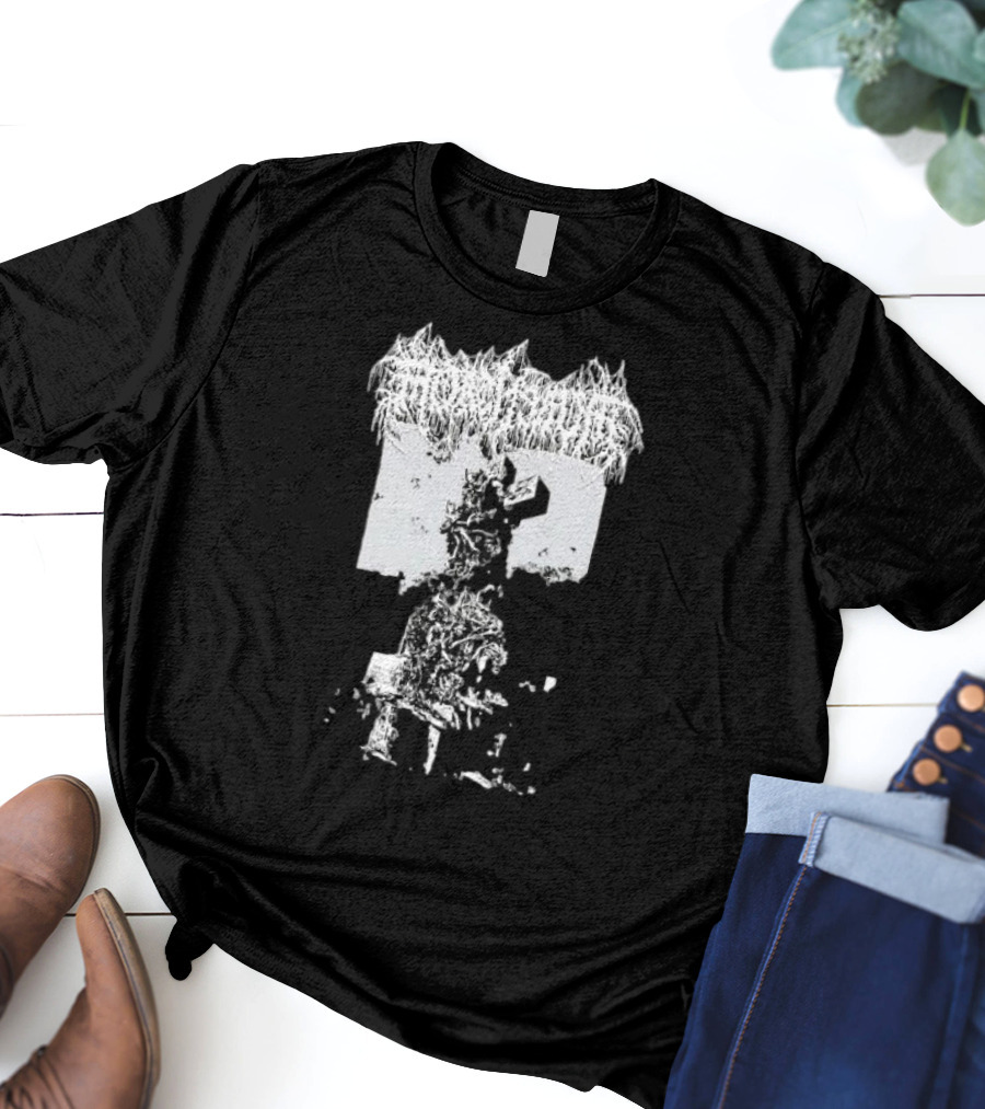 Mortiferum Burial Stone Cross Death Metal Band Logo With Gothic Cemetery T-Shirt