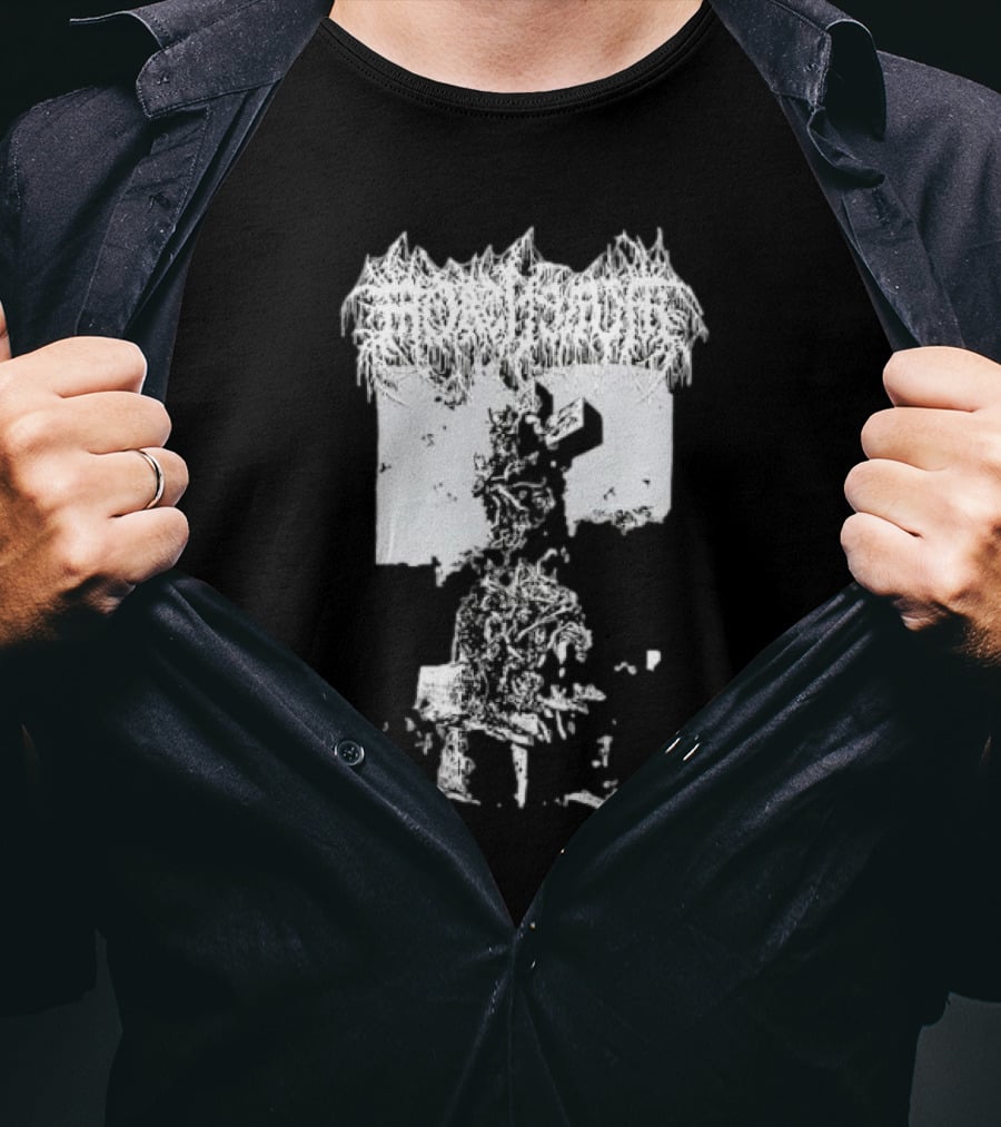 Mortiferum Burial Stone Cross Death Metal Band Logo With Gothic Cemetery T-Shirt