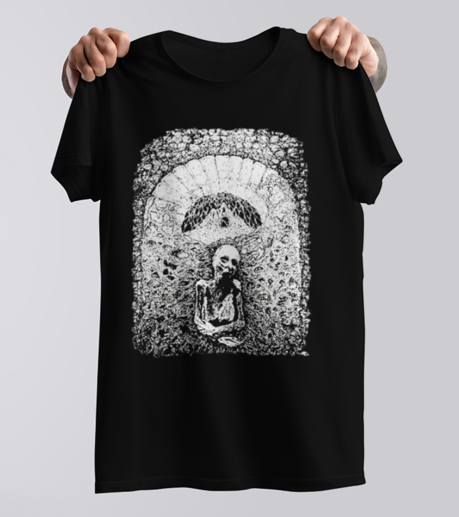 Mortiferum Cave Dweller Skeleton In Gothic Archway T-Shirt