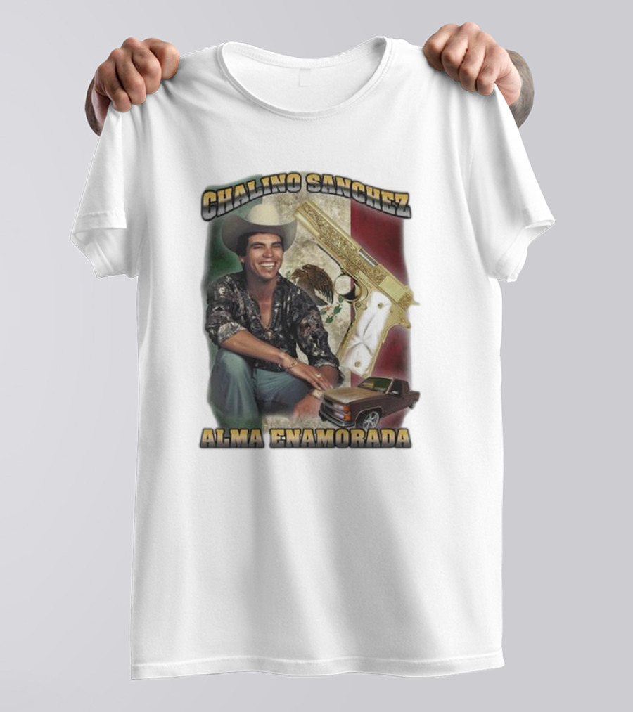 Chalino Sanchez Alma Enamorada Mexican Flag Gold Gun Pickup Truck T-Shirt