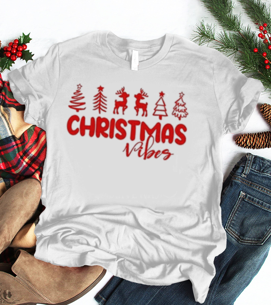 Christmas Vibes Festive Trees And Reindeer T-Shirt