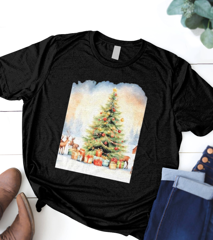 Watercolor Christmas Tree With Reindeer And Presents Scene T-Shirt