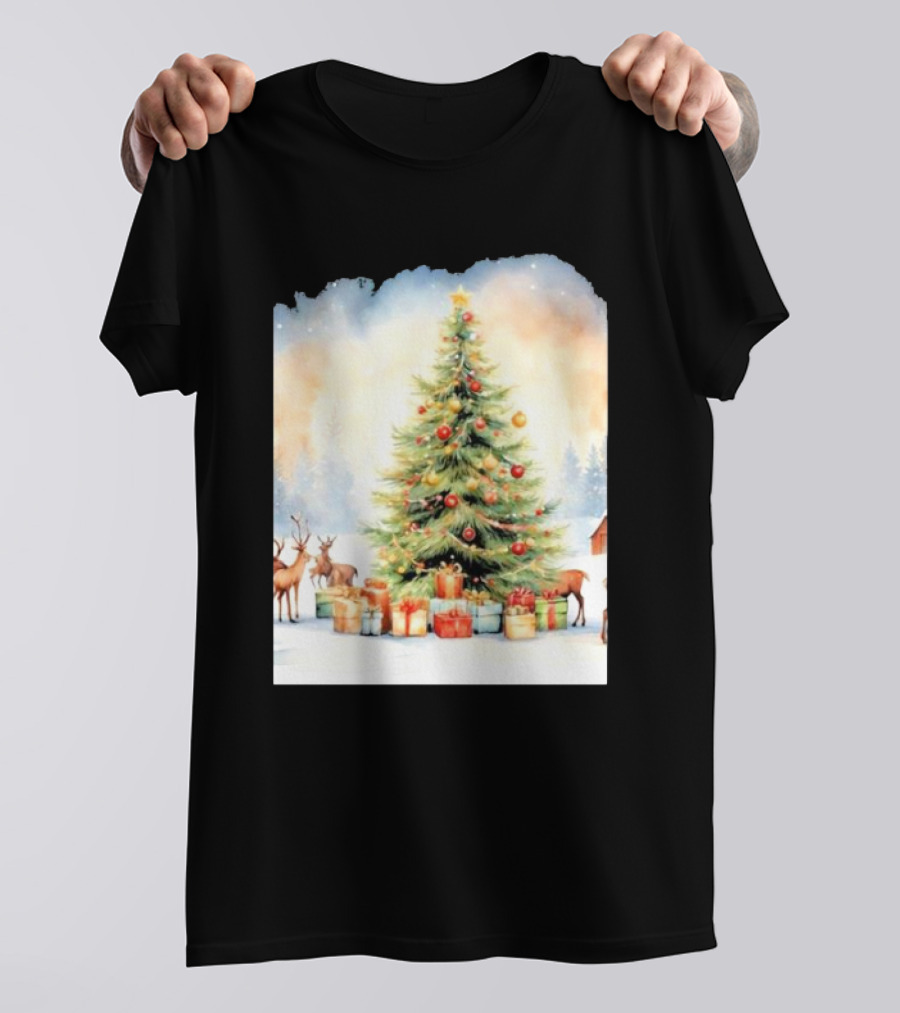 Watercolor Christmas Tree With Reindeer And Presents Scene T-Shirt
