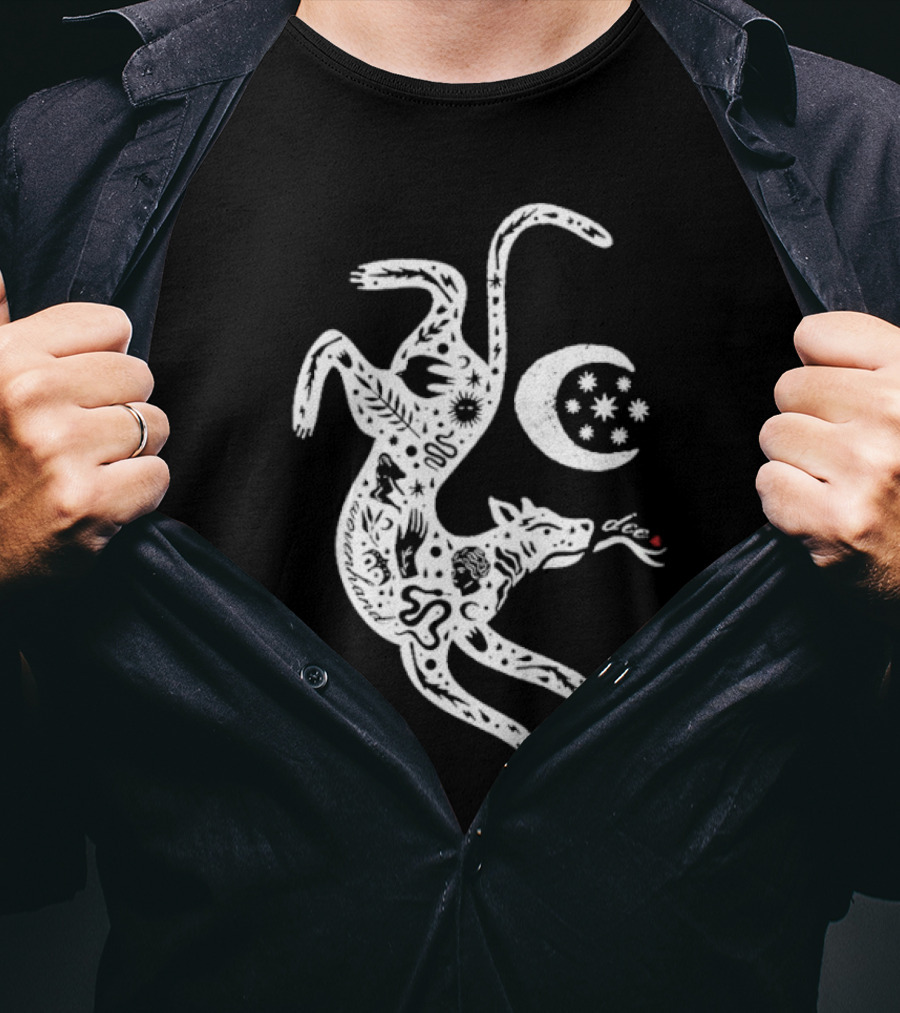 Wovenhand Alchemist Wolf With Stars And Crescent Moon T-Shirt