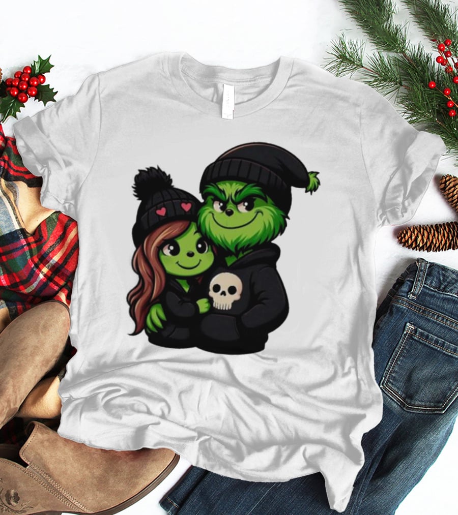 Cute Grinch And Girlfriend In Black Beanies With Skull Hoodie And Heart Details T-Shirt
