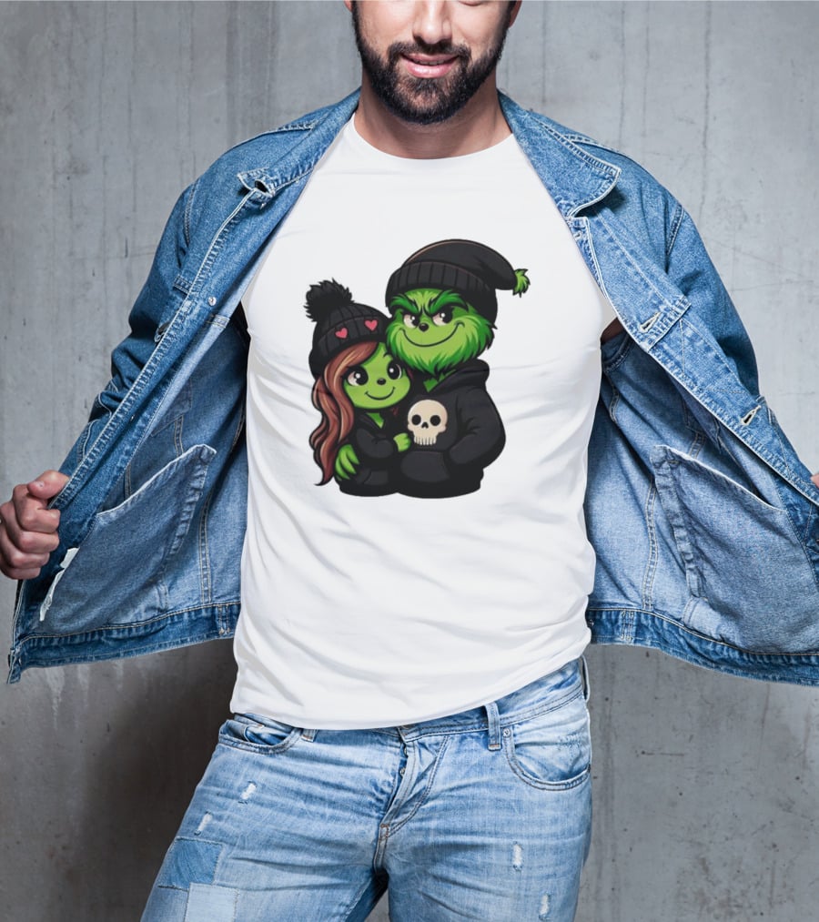 Cute Grinch And Girlfriend In Black Beanies With Skull Hoodie And Heart Details T-Shirt