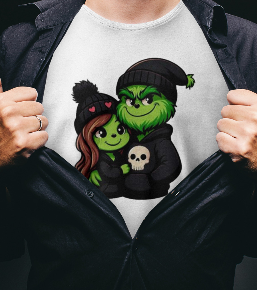 Cute Grinch And Girlfriend In Black Beanies With Skull Hoodie And Heart Details T-Shirt