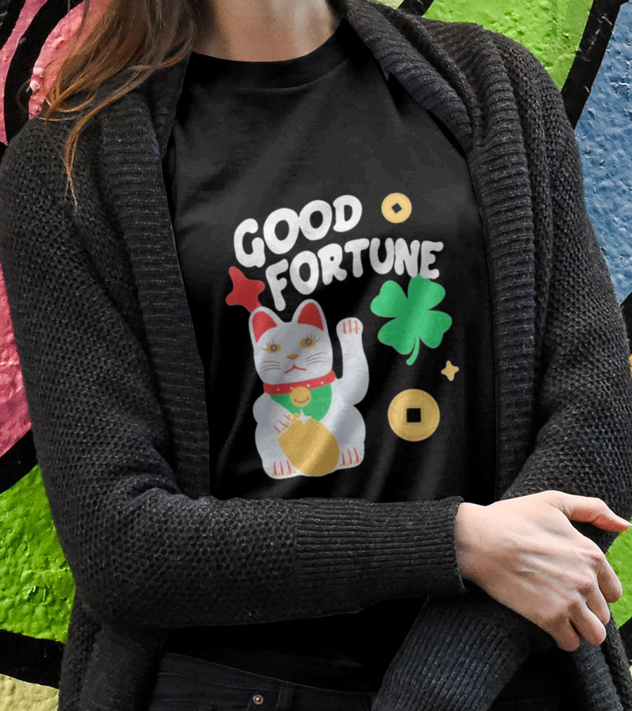 Good Fortune Cat With Clover And Coins T-Shirt