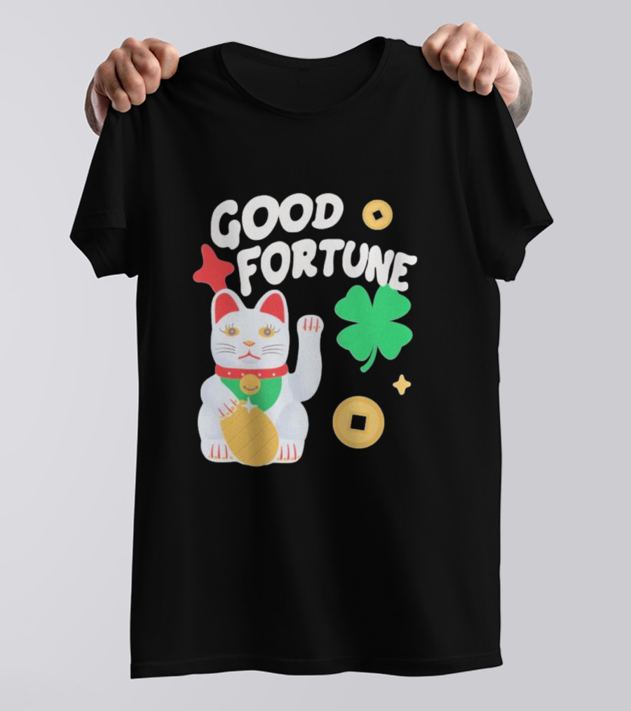 Good Fortune Cat With Clover And Coins T-Shirt