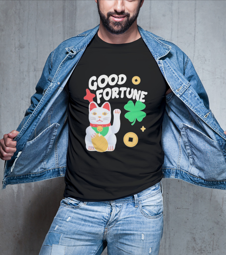 Good Fortune Cat With Clover And Coins T-Shirt