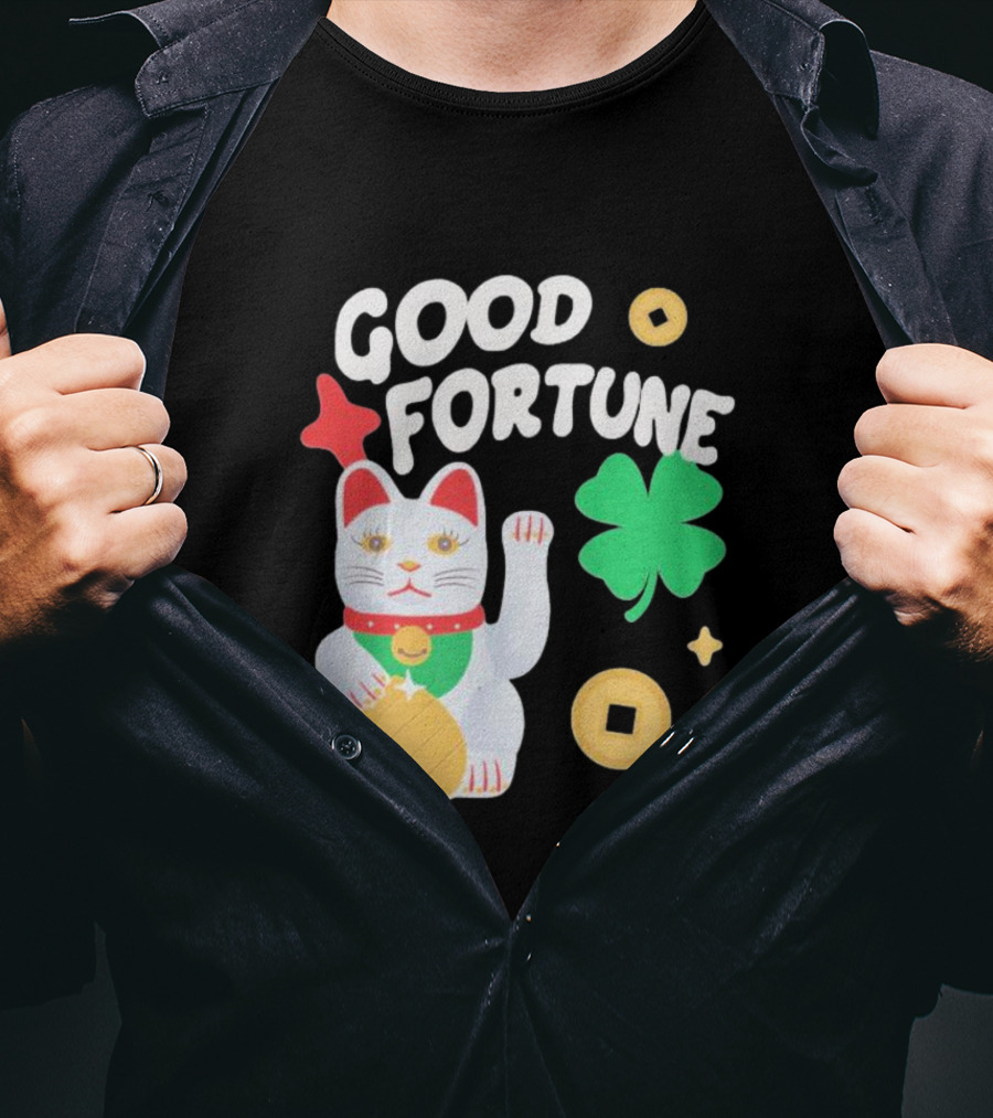 Good Fortune Cat With Clover And Coins T-Shirt