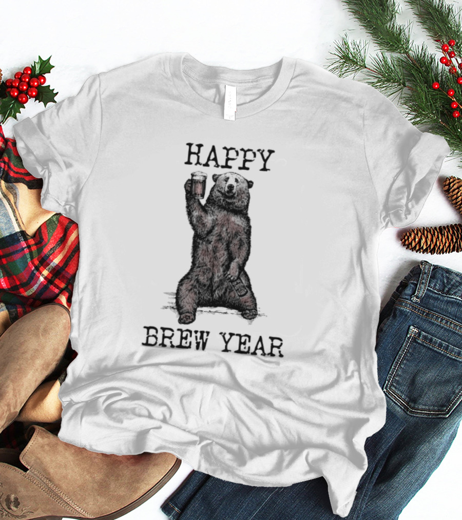 Happy Brew Year Festive Bear Toasting With Beer T-Shirt
