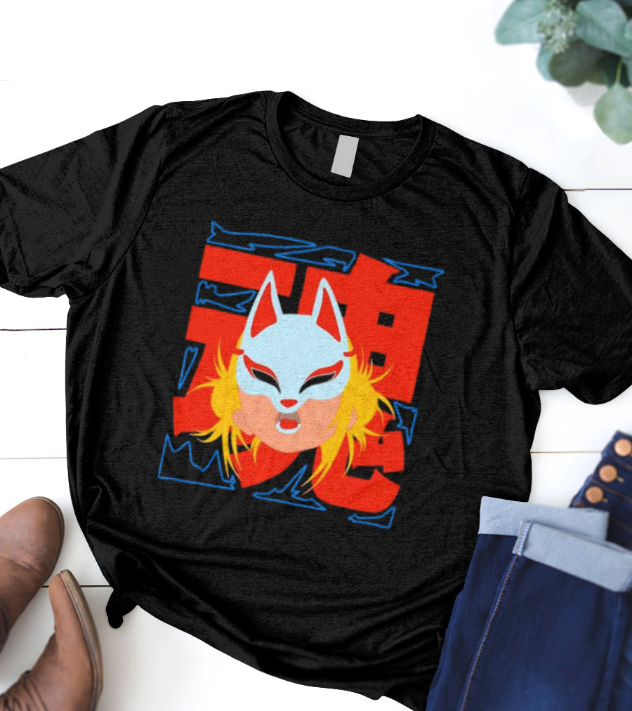 Kitsune Catori Mask With Red Kanji And Blond Hair T-Shirt