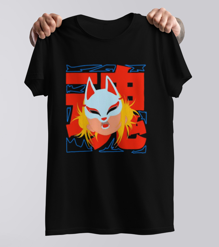 Kitsune Catori Mask With Red Kanji And Blond Hair T-Shirt