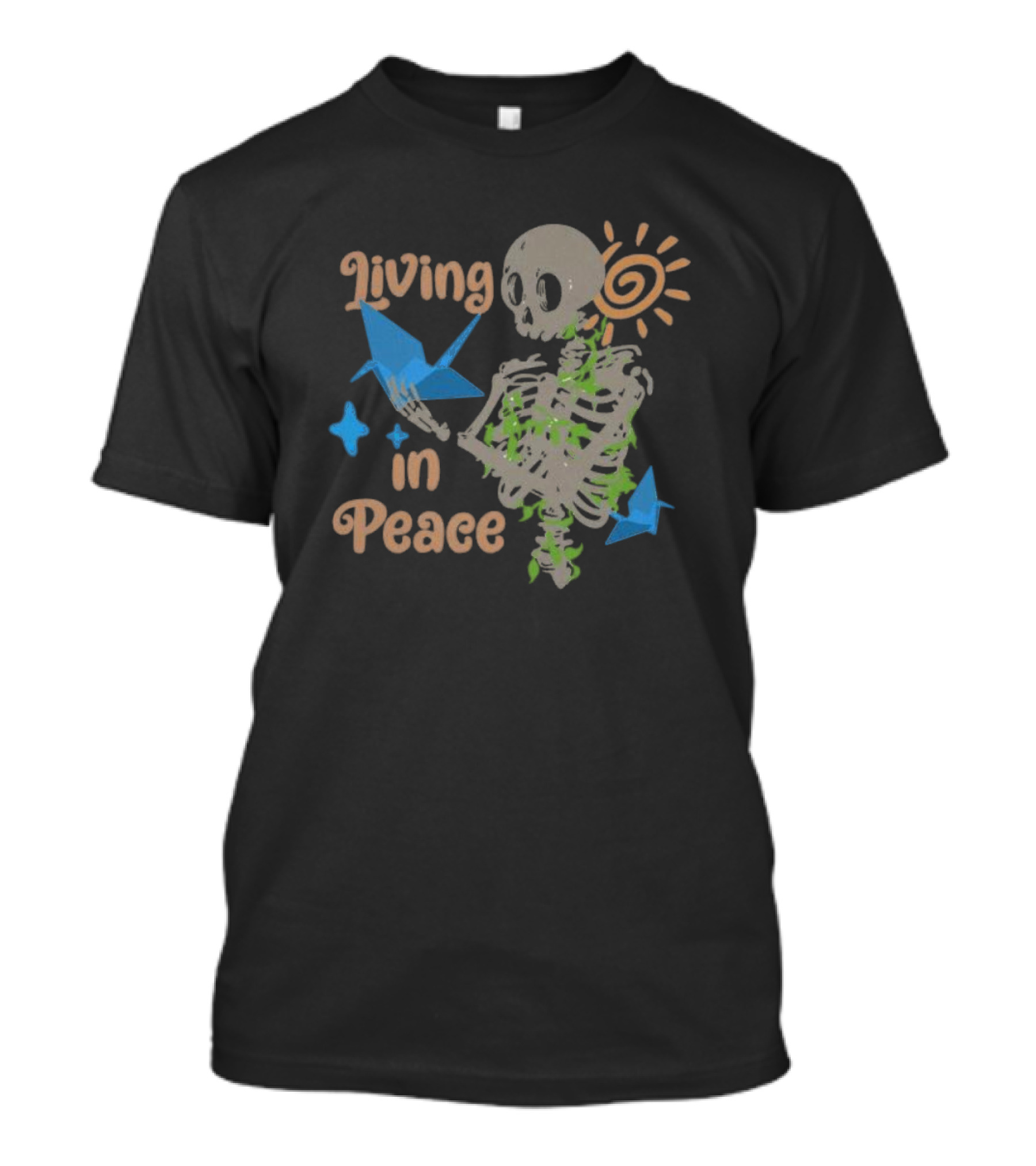 Living In Peace Skeleton Sun Origami Birds T-Shirt