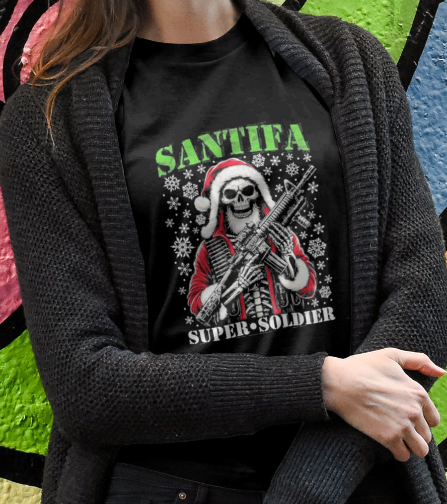 Santifa Super Soldier Skeleton Santa With Snowflakes And Rifle T-Shirt